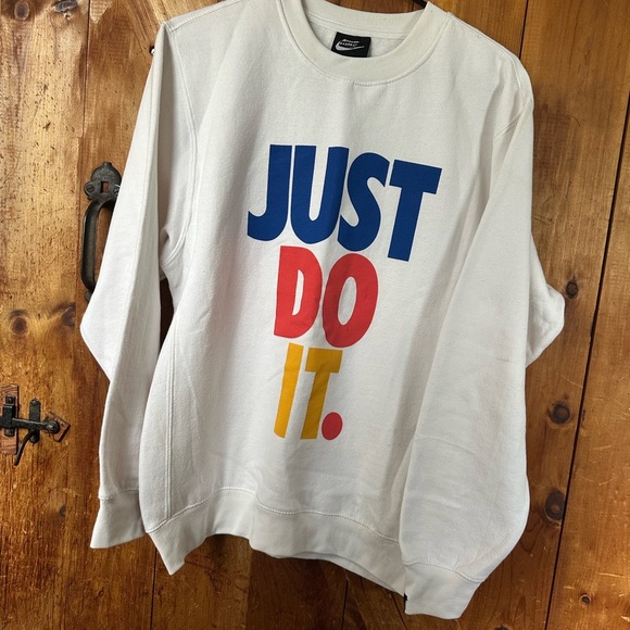 Nike Men's White Crewneck Vintage Style with Blue and Orange Text - Picture 2 of 3